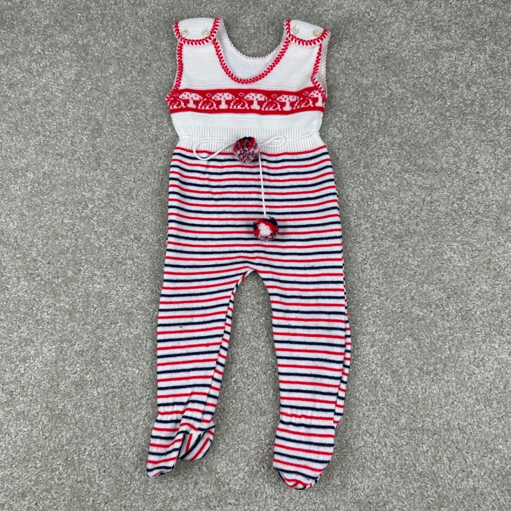 Vintage Knit Baby Footed Romper Mushroom Stripe Red White Blue Pom Pom 6-9M
